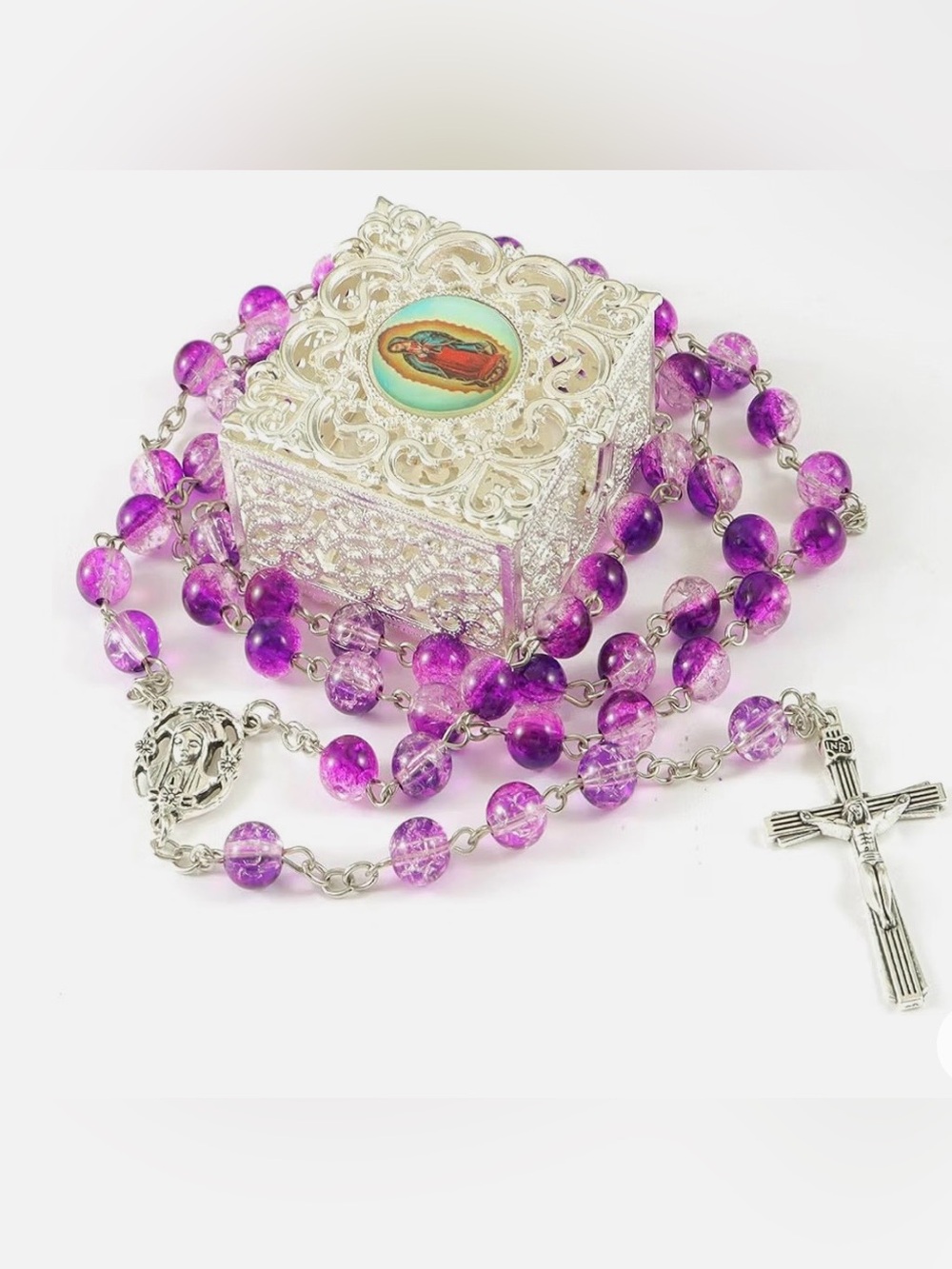 Purple Rosary Necklace with Silver Crucifix and keepsake box
